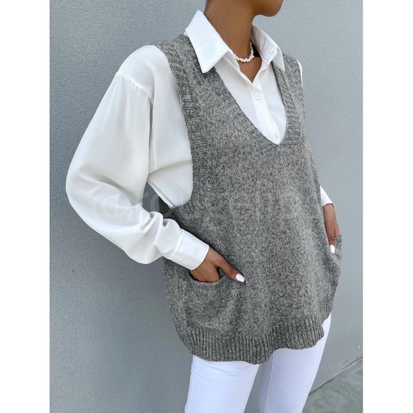 Marled Knit Oversized Sweater Vest Grey V-Neck Front Pockets - Picture 4 of 8